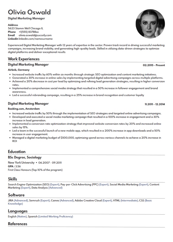 Advant, an ATS-compatible resume theme designed for optimal applicant tracking system performance, showcasing a professional layout.